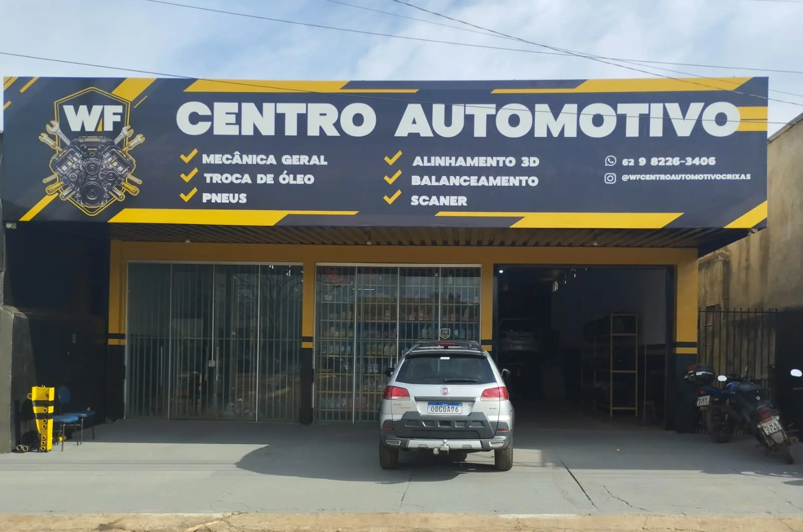 Fachada e estrutura da WF Centro Automotivo em Crixás